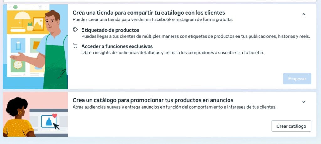 Pantalla de Meta Commerce Manager para crear catálogo de productos en Instagram y Facebook