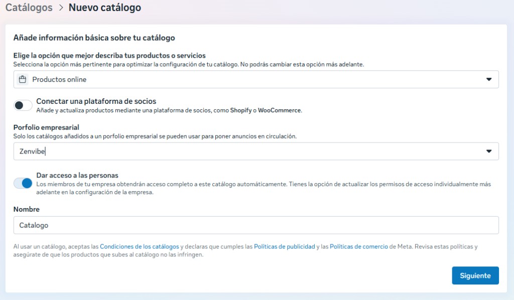Formulario de nuevo catálogo en Meta: productos online y nombre del catálogo