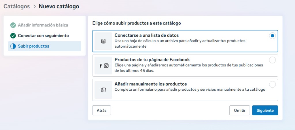 Opción conectarse a una lista de datos en Meta Commerce para catálogo Instagram