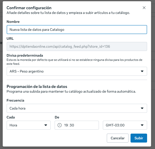 Confirmar feed: moneda ARS y frecuencia cada hora