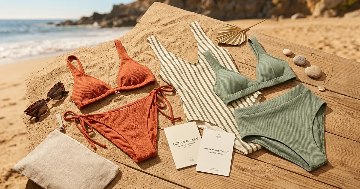 Bikinis y mallas de temporada con accesorios playeros sobre fondo cálido
