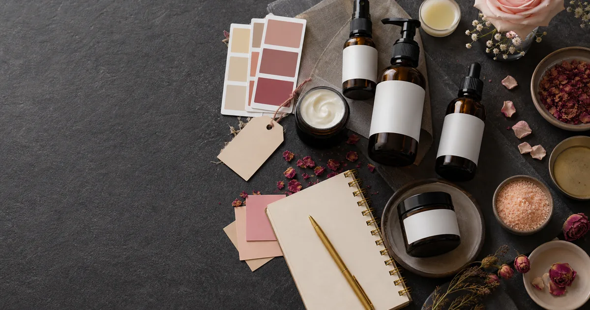 Frascos cosméticos sin marca, paleta y cuaderno para crear el nombre de una marca de belleza