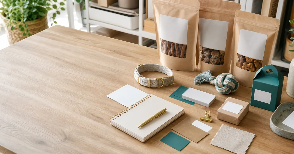 Packaging de snacks, collar y cuaderno para elegir el nombre de un emprendimiento de mascotas