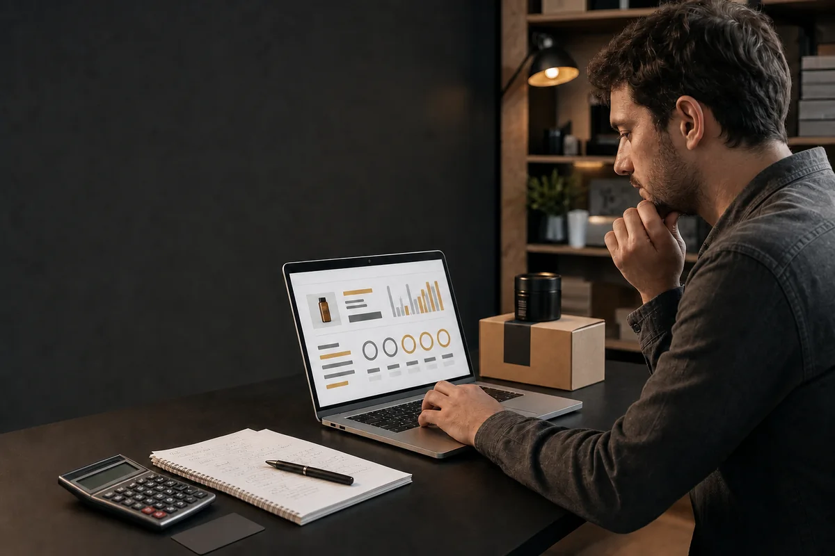 Emprendedor comparando costos de cuotas y precios de productos en su computadora