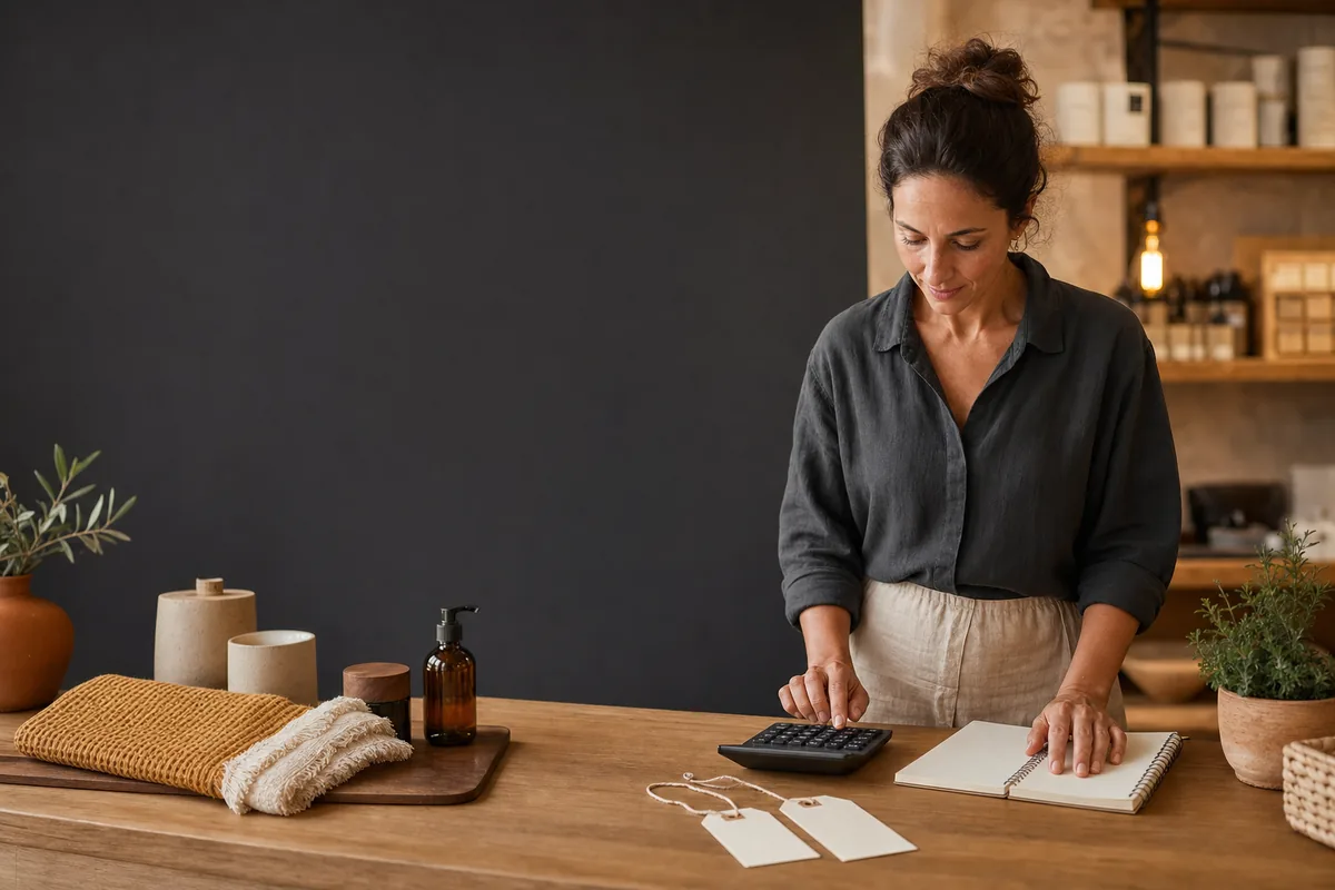 Emprendedora calculando precios y promociones para sus productos