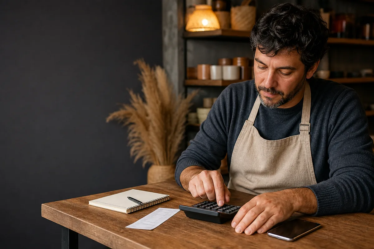 Emprendedor calculando precios e IVA en su mesa de trabajo