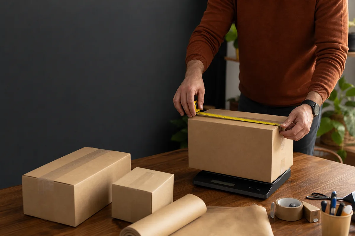 Emprendedor midiendo una caja de envío sobre una balanza