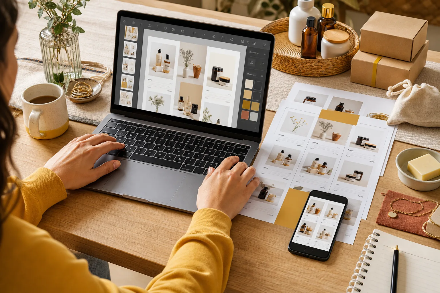 Emprendedora creando un catálogo PDF con fotos de productos en su computadora