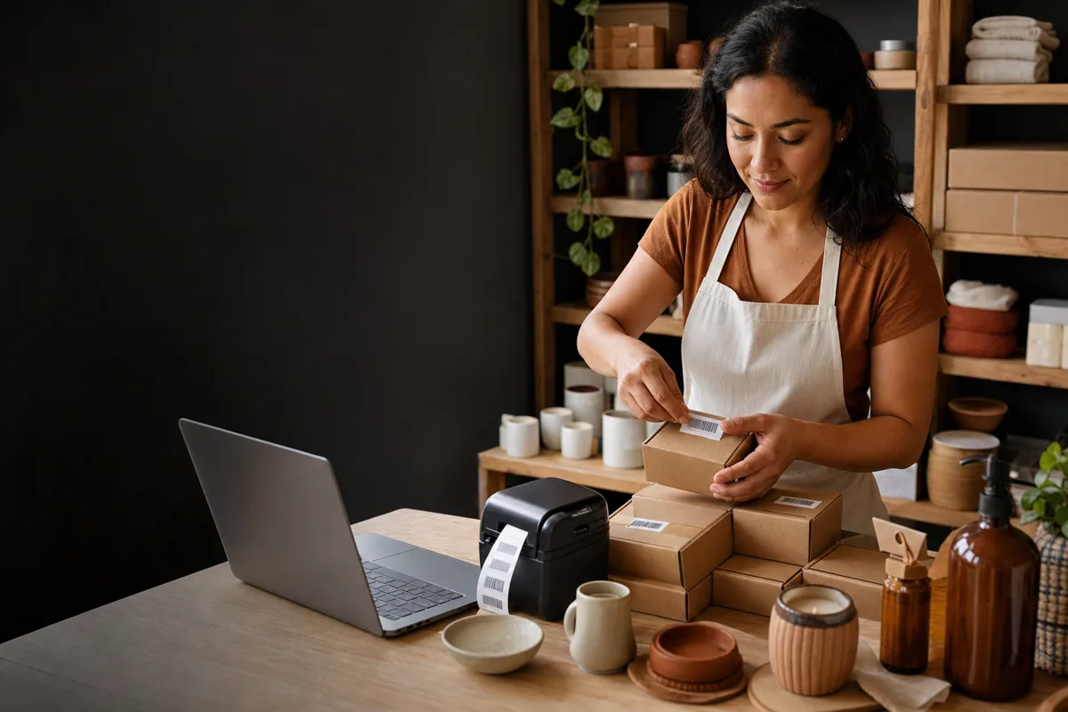 Emprendedora colocando etiquetas con códigos de barras en sus productos