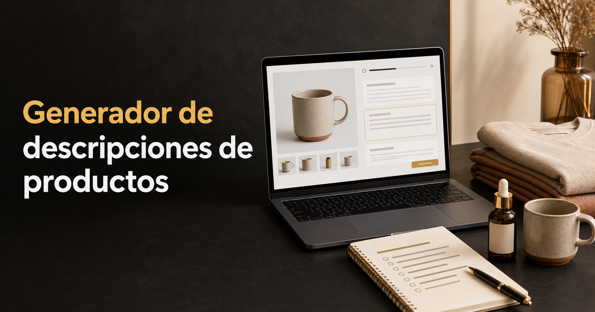 Editor de una ficha ecommerce junto a productos de indumentaria, hogar y cosmética