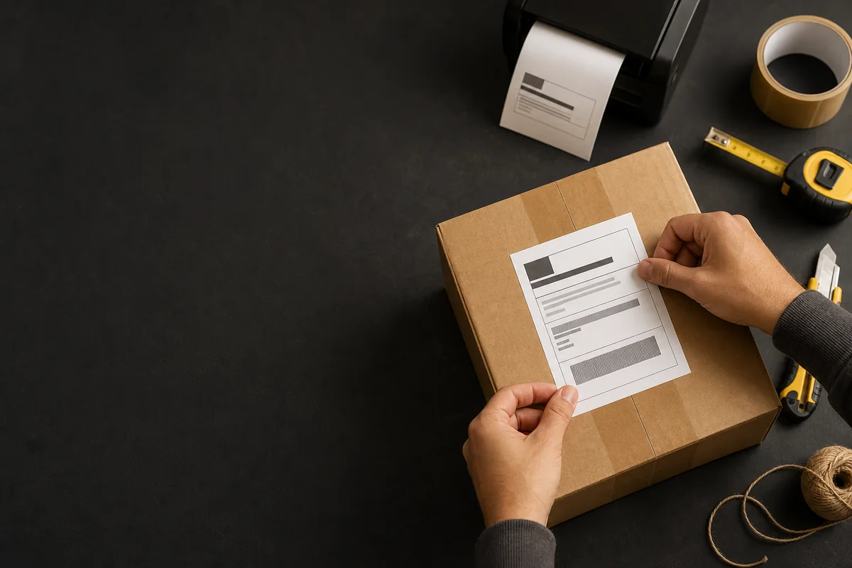 Emprendedor colocando una etiqueta de envío sobre un paquete de ecommerce