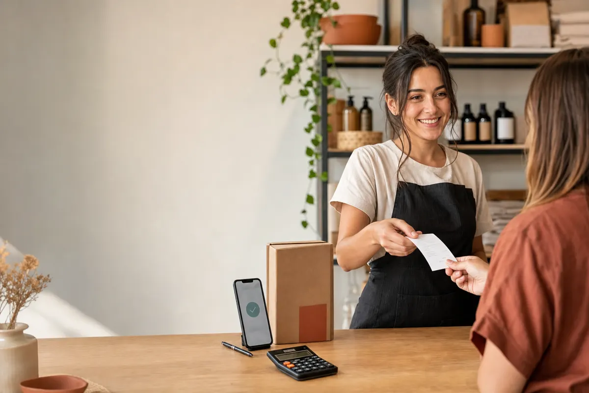 Comerciante entregando un recibo de pago a una clienta después de confirmar la operación
