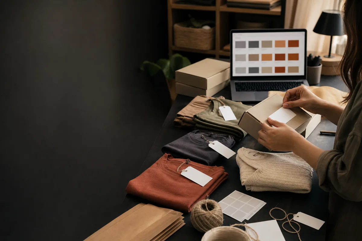 Emprendedora organizando productos y etiquetas de inventario