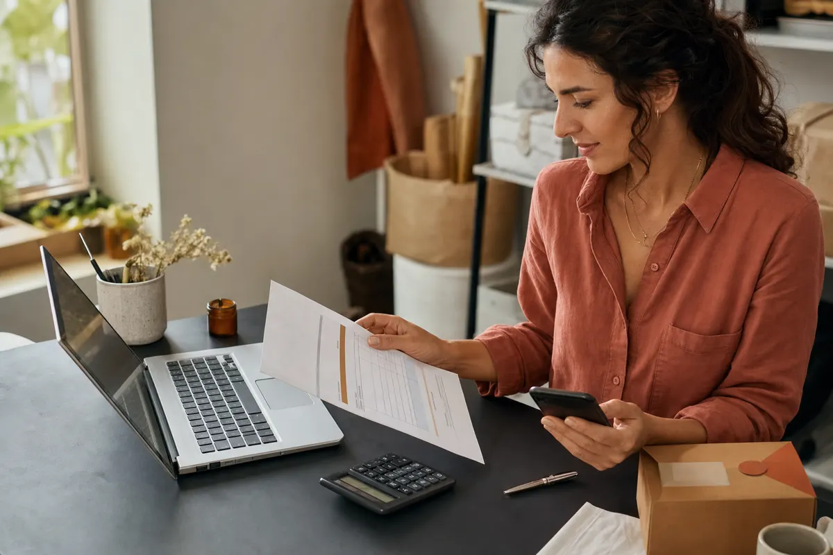 Emprendedora revisando un presupuesto profesional junto a su computadora y calculadora